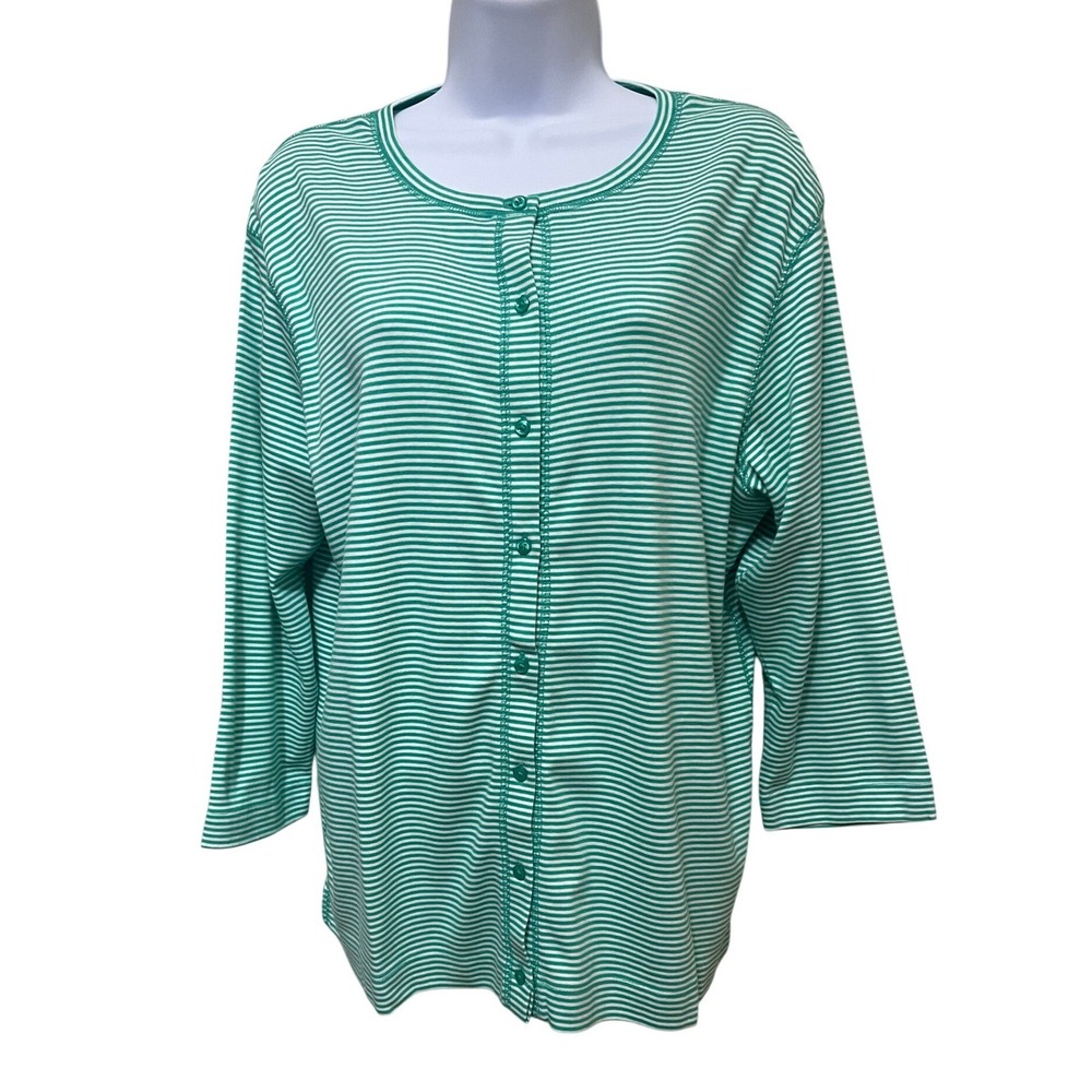 Talbots Woman Green White‎ Striped Cotton Button Front Cotton Knit Top 1X NEW